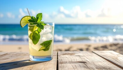 Refreshing Mojito Cocktail on a Wooden Table with a Beautiful Beach and Ocean Background