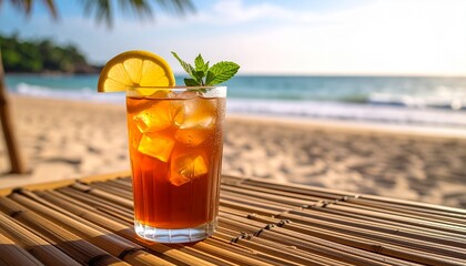 Refreshing Iced Tea with Lemon and Mint on a Tropical Beach Oasis