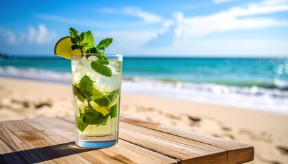 Refreshing Mint Lime Cocktail on a Wooden Table at a Tropical Beach Paradise