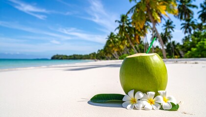 Refreshing Tropical Coconut Drink on a White Sand Beach Palm Trees