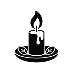 Burning candle on a plate with leaves black and white vector icon