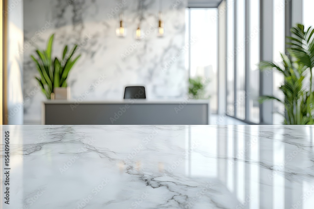 Poster close-up of a white marble counter with blurred modern office reception. use as a backdrop for produ