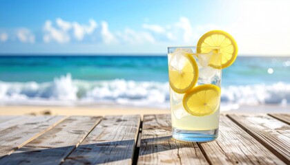 Refreshing Lemonade on a Wooden Table Overlooking a Tropical Beach Ocean