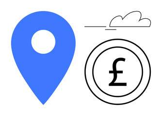 Blue location marker with white hole, coin featuring pound sign, and minimal cloud design. Ideal for navigation, finance, economy, travel, investment mapping fintech. A clean simple flat metaphor