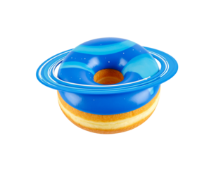 Saturnthemed donut with blue icing and ring detail sweet treat.