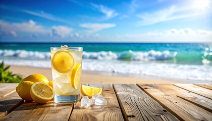 Refreshing Lemonade Drink on a Sunny Beach with Ocean Waves and Blue Sky