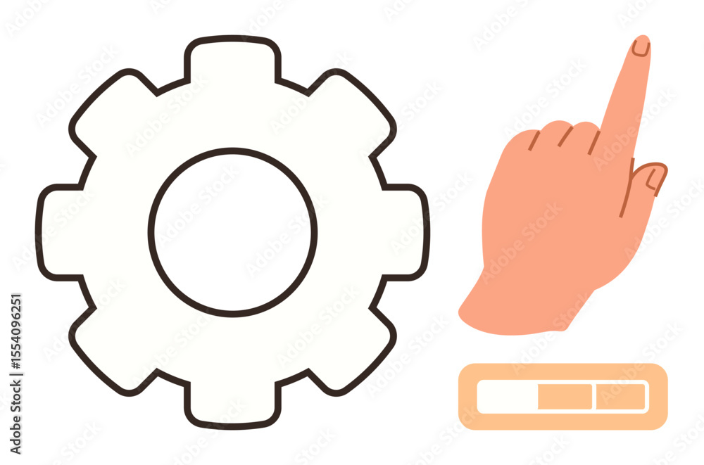 Poster gear wheel representing settings, hand pointing upward indicating selection or action, progress bar 