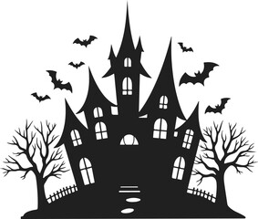 Halloween hunted house Spooky silhouette with bats flying around on halloween night