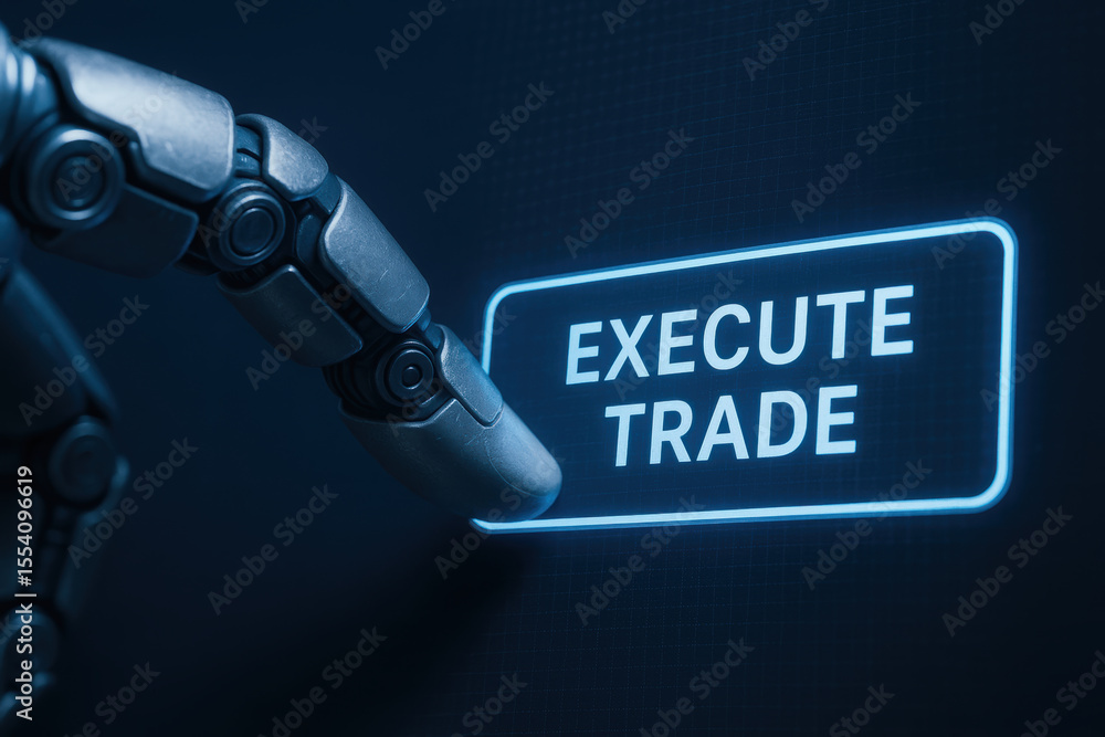 Poster ai technology in energy trading concept with robotic finger pressing execute trade button on digital