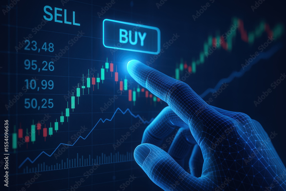 Poster ai in energy trading concept with digital hand pointing at buy button on stock market chart for smar