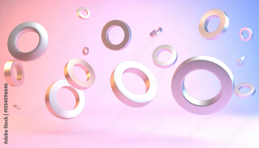 Poster a pastel pink and blue backdrop features numerous metallic, silver-toned rings of varying sizes, see