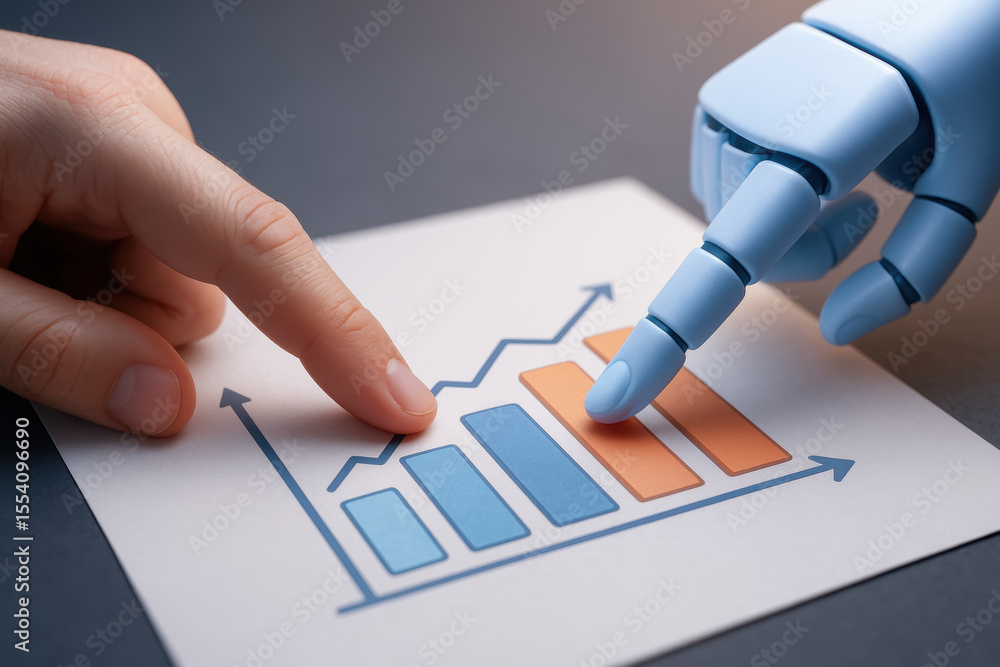 Poster human finger and robot finger pointing at business chart symbolizing ai in energy trading with colla