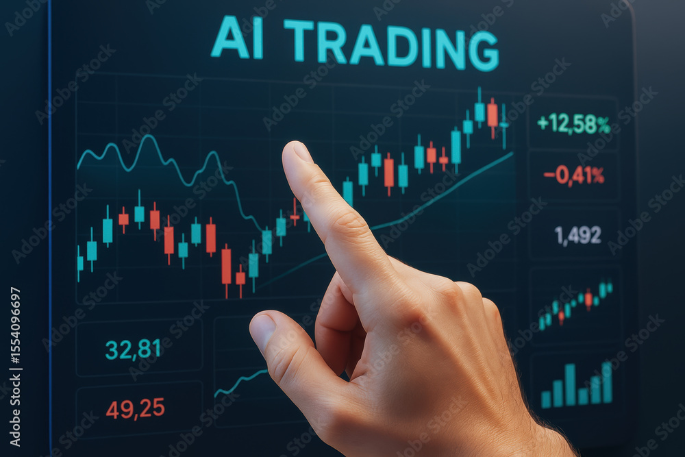 Aufkleber ai trading technology in energy market with hand pointing at digital graph showing financial data an