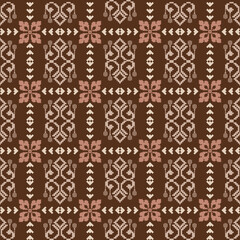 Ethnic Pixel Fabric Pattern - Brown Floral Grid Textile for Craft Work