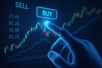 AI in energy trading concept with digital hand pointing at buy button on stock market chart for smart investment