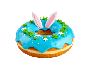 Easter Donut with Blue Icing Bunny Ears Green Grass and Stars.
