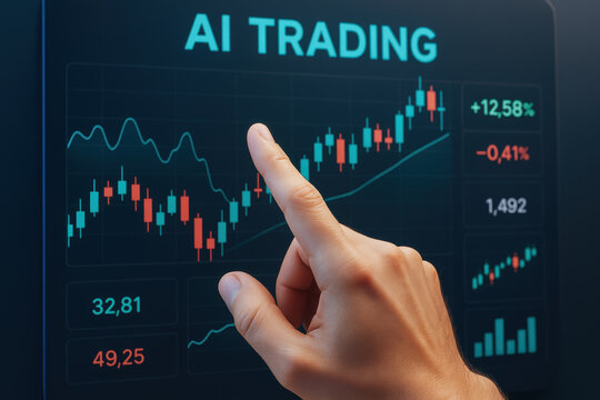 AI trading technology in energy market with hand pointing at digital graph showing financial data and growth trends in trading environment - Powered by Adobe