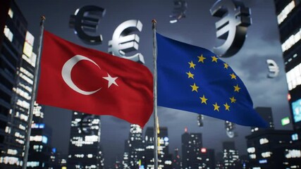 Animated flags of Turkey and the European Union with floating euro currency symbols over cityscape at night - Powered by Adobe
