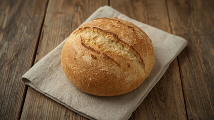 Fototapeta premium Freshly baked round artisan bread with golden crust and flour cracks. Rustic homemade loaf on linen cloth and wooden table