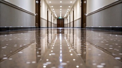 Interior of an empty hospital corridor with light reflections on the floor.