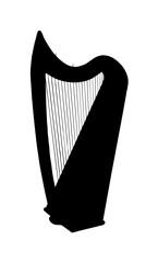 Silhouette of a harp, a stringed musical instrument, depicted in black against a white background.
