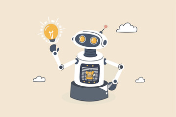 AI artificial intelligence technology to think and advice new idea, machine learning chatbot to support and help, innovation or automation, smart robot with AI chip thinking about new lightbulb idea.