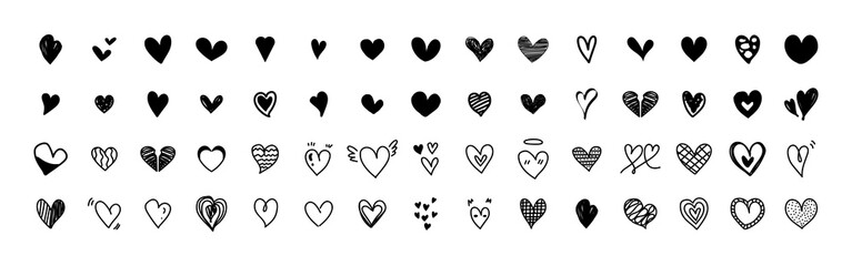 Big hand drawn black hearts set. Vector illustration.