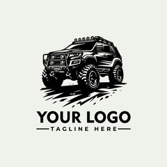 A stylized black and white illustration of a rugged off-road vehicle, with a logo template.