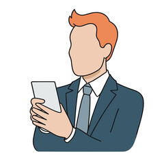  businessman holding a tablet with red hair and a blue suit on black background