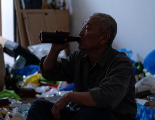 ゴミ屋敷の中でお酒を飲むん日本人高齢男性