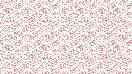 Seamless pattern of red outlined clouds on a white background in a repeating design element style
