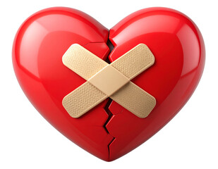 Broken Heart with Cracked Texture and Bandage Patch, isolated on a transparent background.