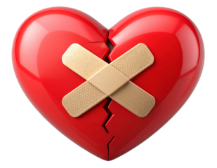 Broken Heart with Cracked Texture and Bandage Patch, isolated on a transparent background.