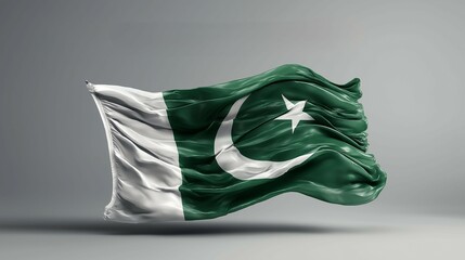 Pakistan Flag in Waving Motion: A beautifully rendered waving Pakistan flag, a symbol of national pride and cultural identity, showcasing the crescent moon and star with vibrant green and white.