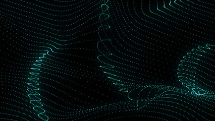 Abstract Teal Dot Grid on Black Background with Wavy Lines and Swirling Patterns This image