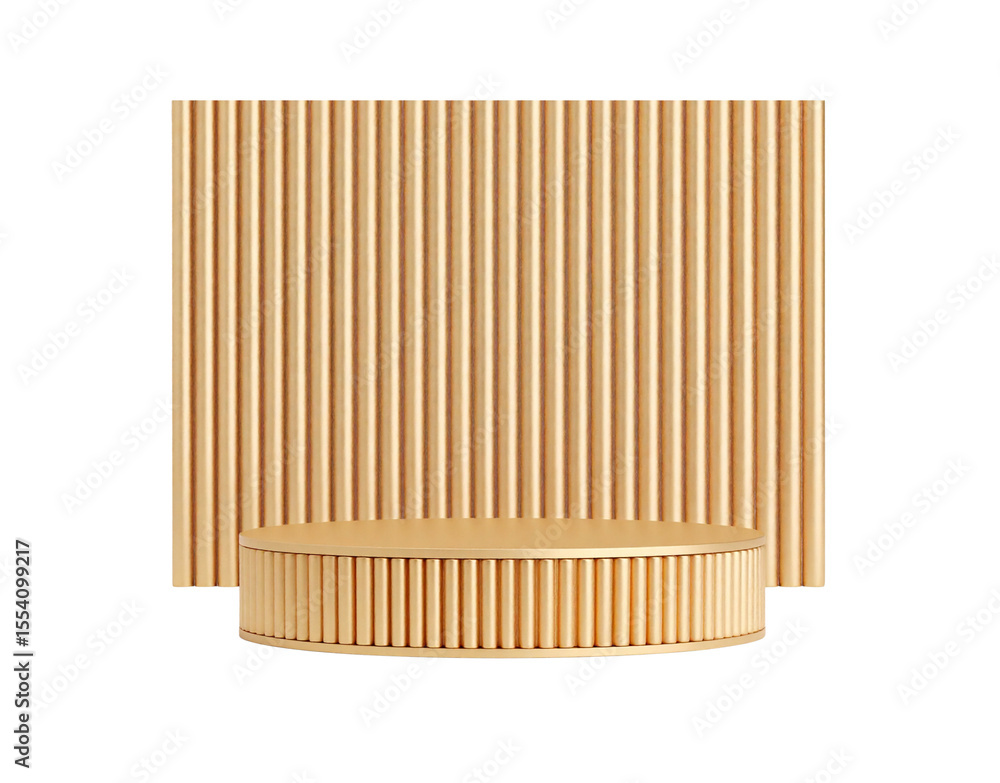 Poster golden fluted display stand with matching backdrop cylindrical shape.