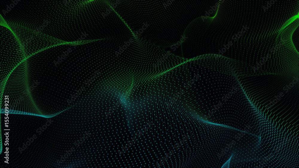 Poster abstract green and blue wavy particle mesh on black background for creative projects this image