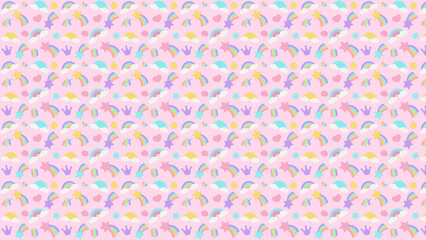 Pastel pink background with rainbows clouds stars crowns and hearts repeating pattern design