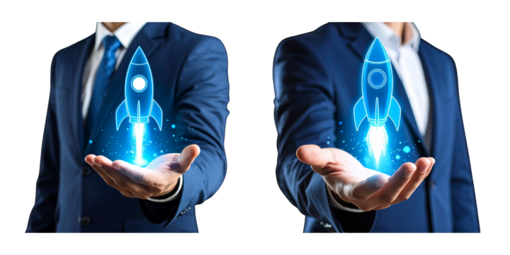  Businessman Holding Holographic Rocket Symbolizing Startup Launch, isolated on transparent background PNG
