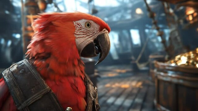 Scarlet Macaw Pirate Parrot on Ship Deck with Treasure Chests Video