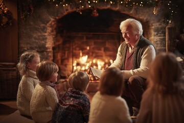 Elderly caucasian man telling stories by fireplace to children in cozy holiday setting