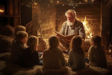 Elderly caucasian male reading to children by fireplace in cozy evening setting