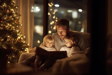 Caucasian father reading christmas story to children by warm holiday lights