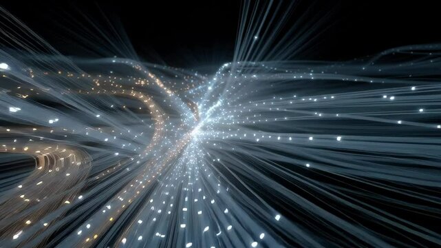 An abstract, non-physical space representing a digital network's core. Countless streams of light, like fiber optic cables, converge and diverge from a brilliant, pulsating central nexus. 