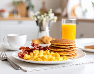 A classic American breakfast with pancakes, crispy bacon, scrambled eggs, and orange juice, served on a white plate with a cozy morning kitchen background.