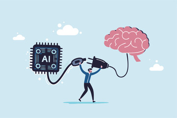 AI machine learning, neural network technology or human to work together with AI artificial intelligence, innovation technology concept, businessman connect human brain with AI chip processing unit.