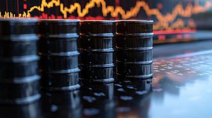 Oil Barrels before Financial Chart — Energy Volatility Concept.