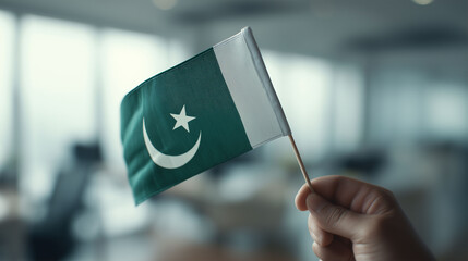 Pakistan Flag in Hand: A hand gently holds a small Pakistan flag, its green and white colors vibrant against a softly blurred office background.