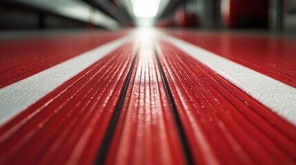 Red and white lines converge in a warehouse or factory setting. Use it to symbolize paths, goals, or industrial concepts.