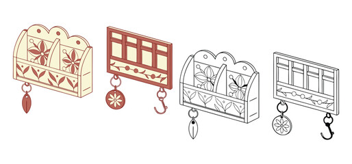 Decorative wooden wall organizers with key hooks and floral ornaments in multiple color and line art illustrations
